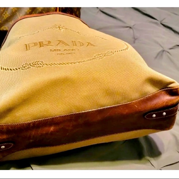 Prada Large Logo Jacquard Canvas Tote Hand Bag Brown Authentic. EUC! - Picture 6 of 7